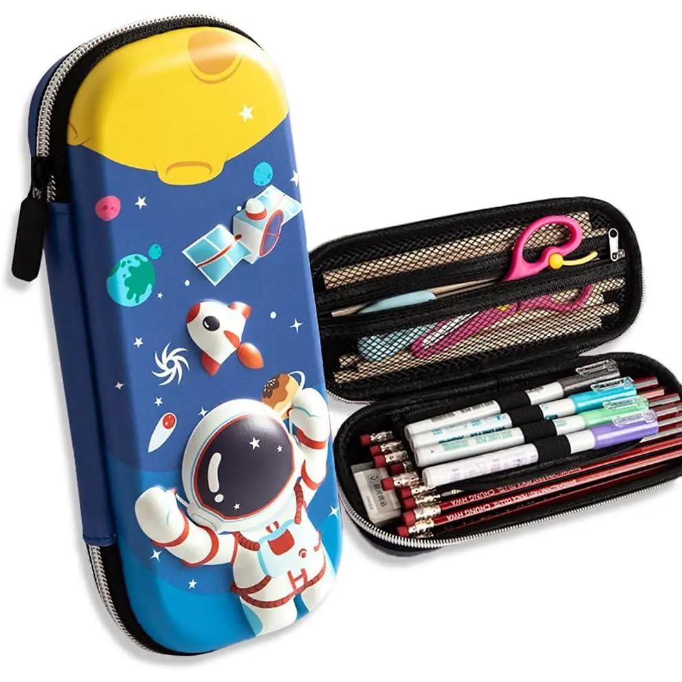 Cartoon-Themed Synthetic EVA Student-Size Stationery Box for Boys, Large-Capacity School Pen Holder with Layered Slots, Mesh Pockets for Office Storage