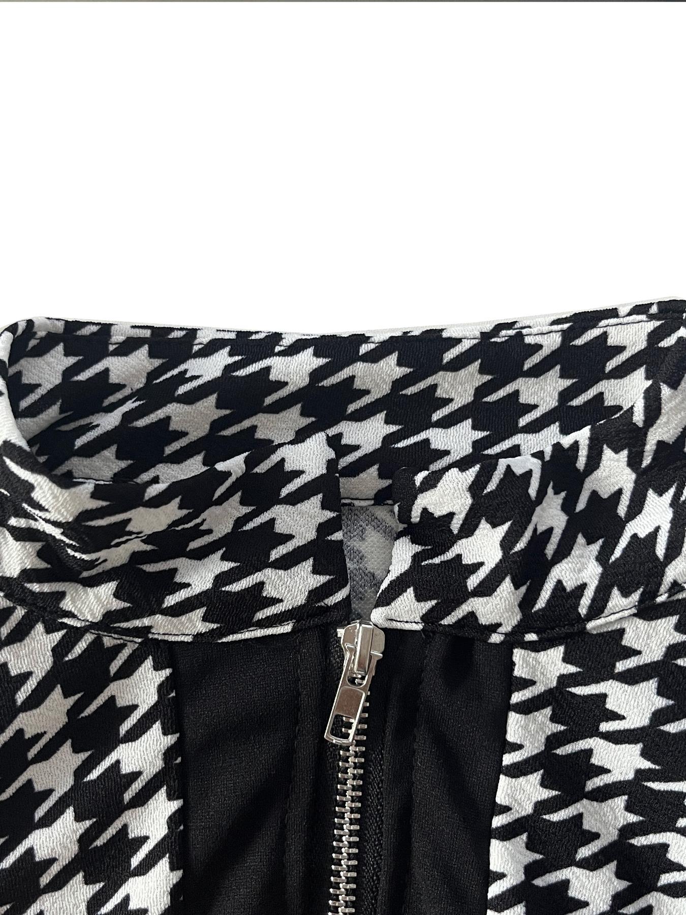Women's Houndstooth Patchwork Print Pocket Zipper Design A Line Dress, Chic Elegant Stand Collar Long Sleeve Short Dress for Spring & Fall, Casual Everyday Wear, Ladies Clothes for Daily Wear