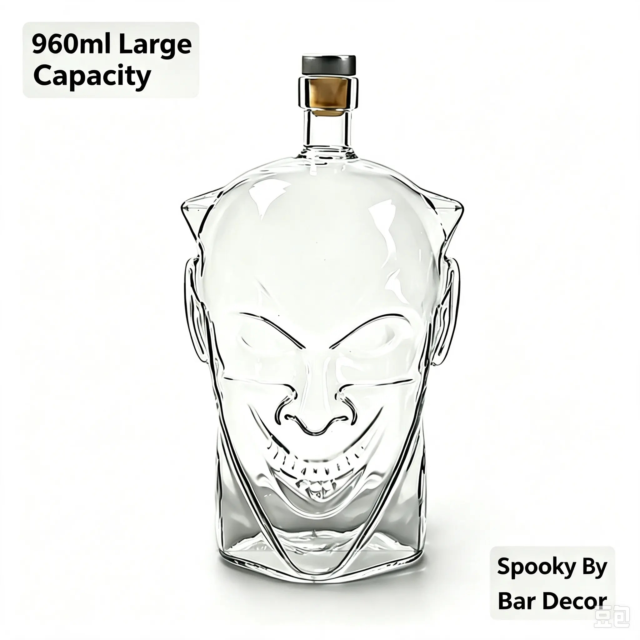 960ml Creative Joker Head-Shaped Glass Wine Decanter, Spooky Human Face Liquor Bottle with Cork Stopper, Halloween Home Bar Decor Gift, Tapered Natural Stoppers, Paper Straws, Party Favor, Automatic Sugar Content Refractometer, Transparent Bar Utensils