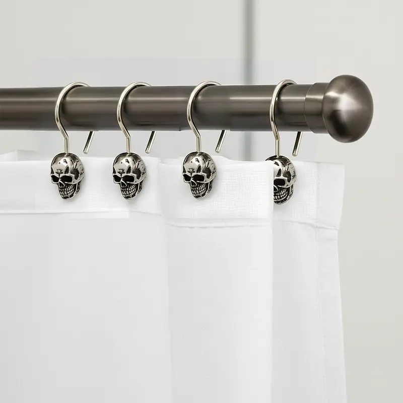 Rust-Resistant Stainless Steel Shower Curtain Hooks Set, Skull Hook, Bathroom Accessories, Modern Style Easy Install Waterproof Design, Durable & Non-Slip