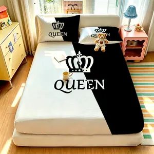 3pcs Black and White Contrast Crown QUEEN Slogan Print Fitted Sheet Set, 1 Fitted Sheet + 2 Pillowcases, Unfilled Soft Comfortable Bed Cover, Deep Pocket Design, For All Rooms