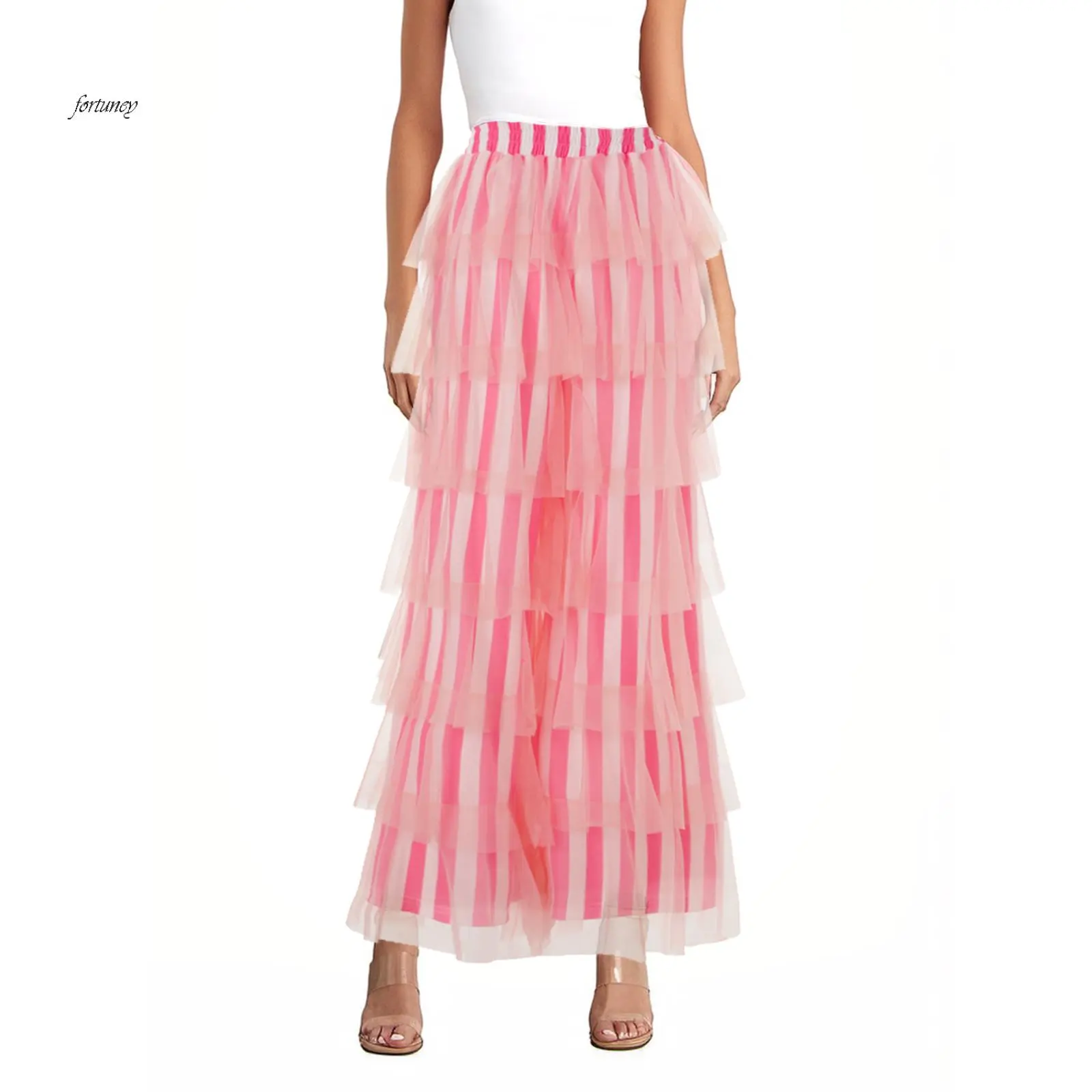 Women Trendy Cute Pants Layered Mesh Ruffles Stripe Print Elastic Trousers