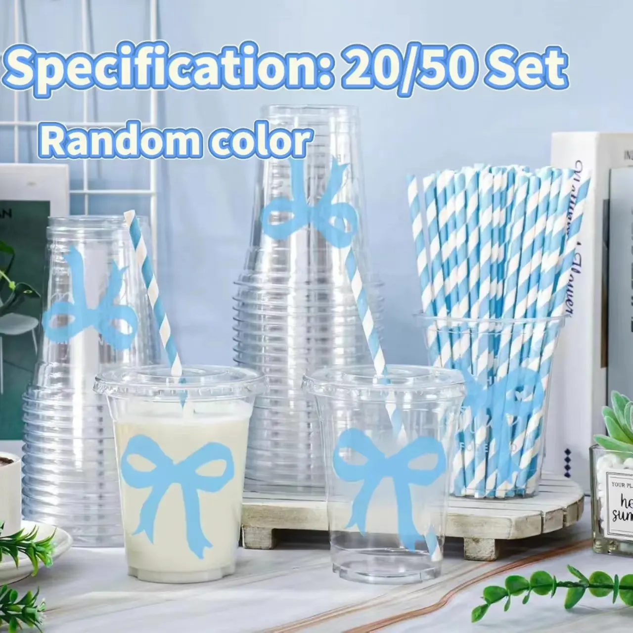 20/50 Pcs Butterfly Knot Disposable Plastic Cups with Lids and Straws, 12oz Blue Cold Drink Cups, Beverage Cups, Festival Party Tableware, Wedding Bachelorette Party Supplies