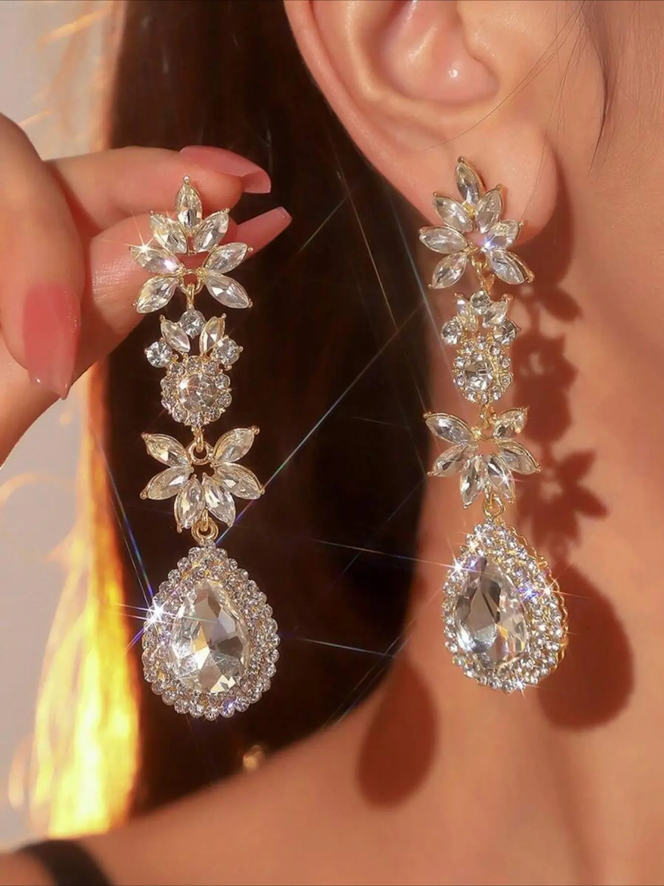 Luxurious Long Drop Cubic Zirconia Earrings for Women, Floral Rhinestone Teardrop Dangle Earrings, Bridal Wedding Party Sparkly Gold Ear Jewelry