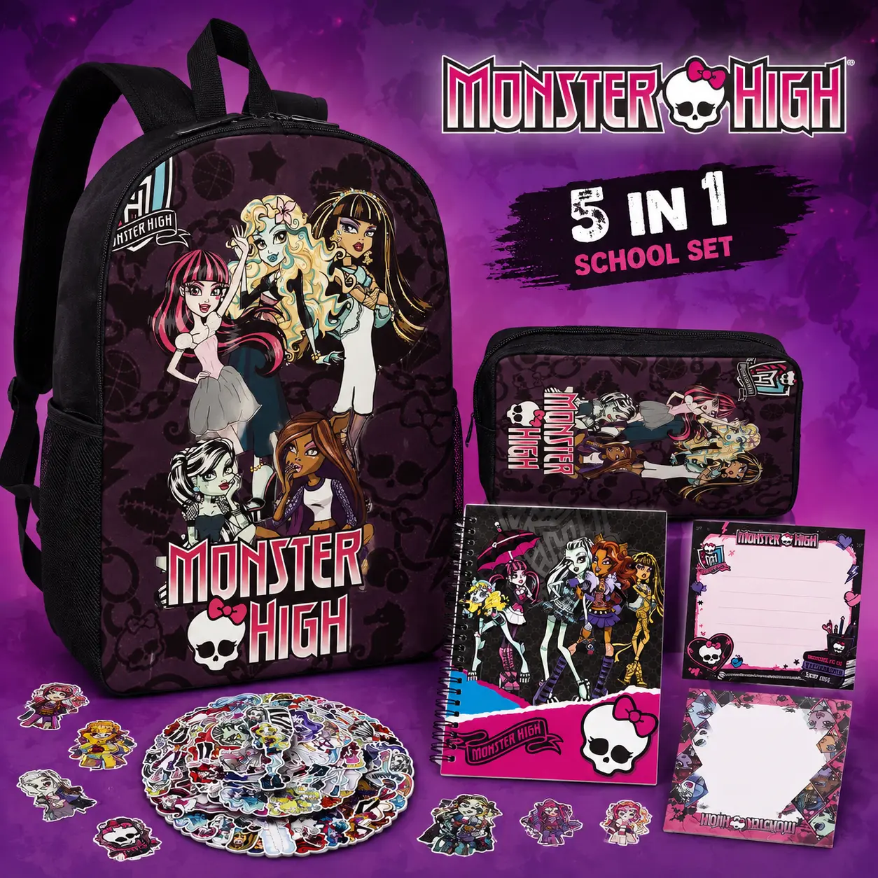 Monster High School Backpack Set | Kids Monster High Backpack with 1 Pencil Case 1 Notebook, 2 Note Pads, 50pcs Stickers, Back To School Supplies Kit  for Girls Boys Teens, Cute Book Bag for Elementary Middle School 2026