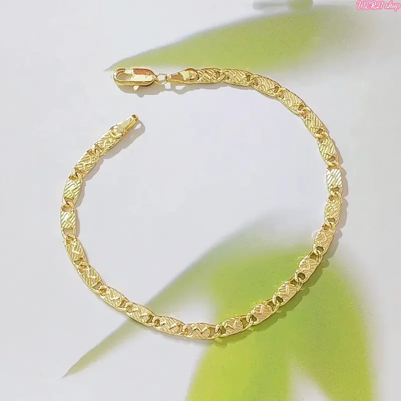 [WER21]18K Gold Plated Textured Cuban Link Bracelet for Men Women, Diamond Cut Flat Curb Chain Wrist Bracelet, Classic Trendy Fashion Jewelry Gift