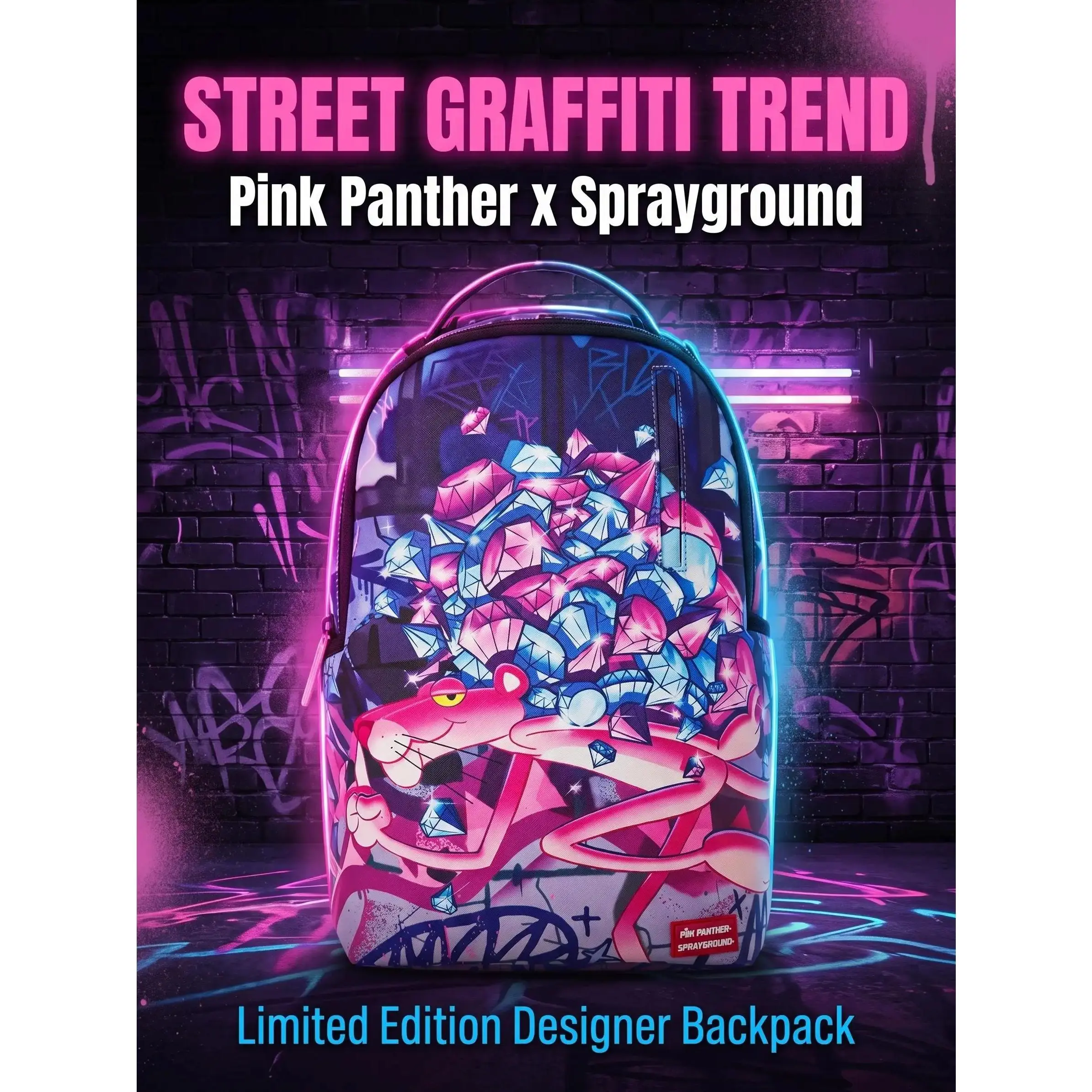 SG Pink Diamond Backpack, Dark Blue Graffiti Background with Pink Blue Diamond Pile and Relaxed Panther, Large Capacity Durable Laptop Daypack for Teens Adults