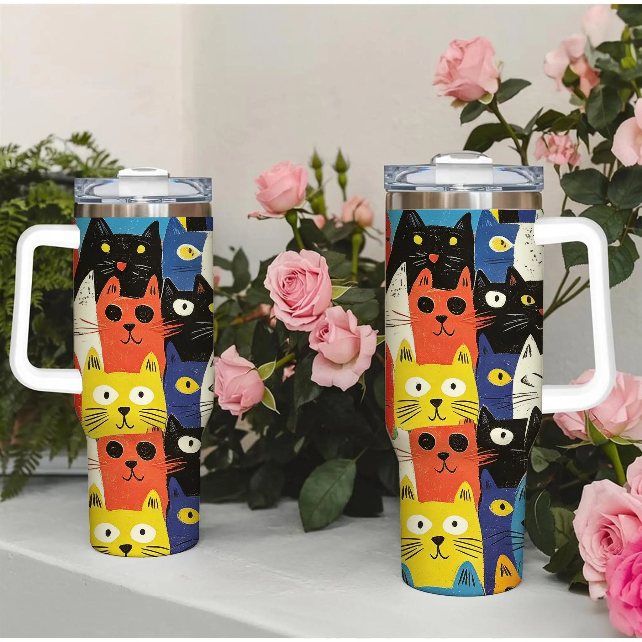 Stainless Steel Insulated Travel Mug - Sturdy, Portable, Wide Mouth, Large C-Handle, Colorful Retro Cat Pattern, Reusable Straw Tumbler for Hot & Cold Drinks with Ice Cubes, Customized Gift for Cat Lovers
