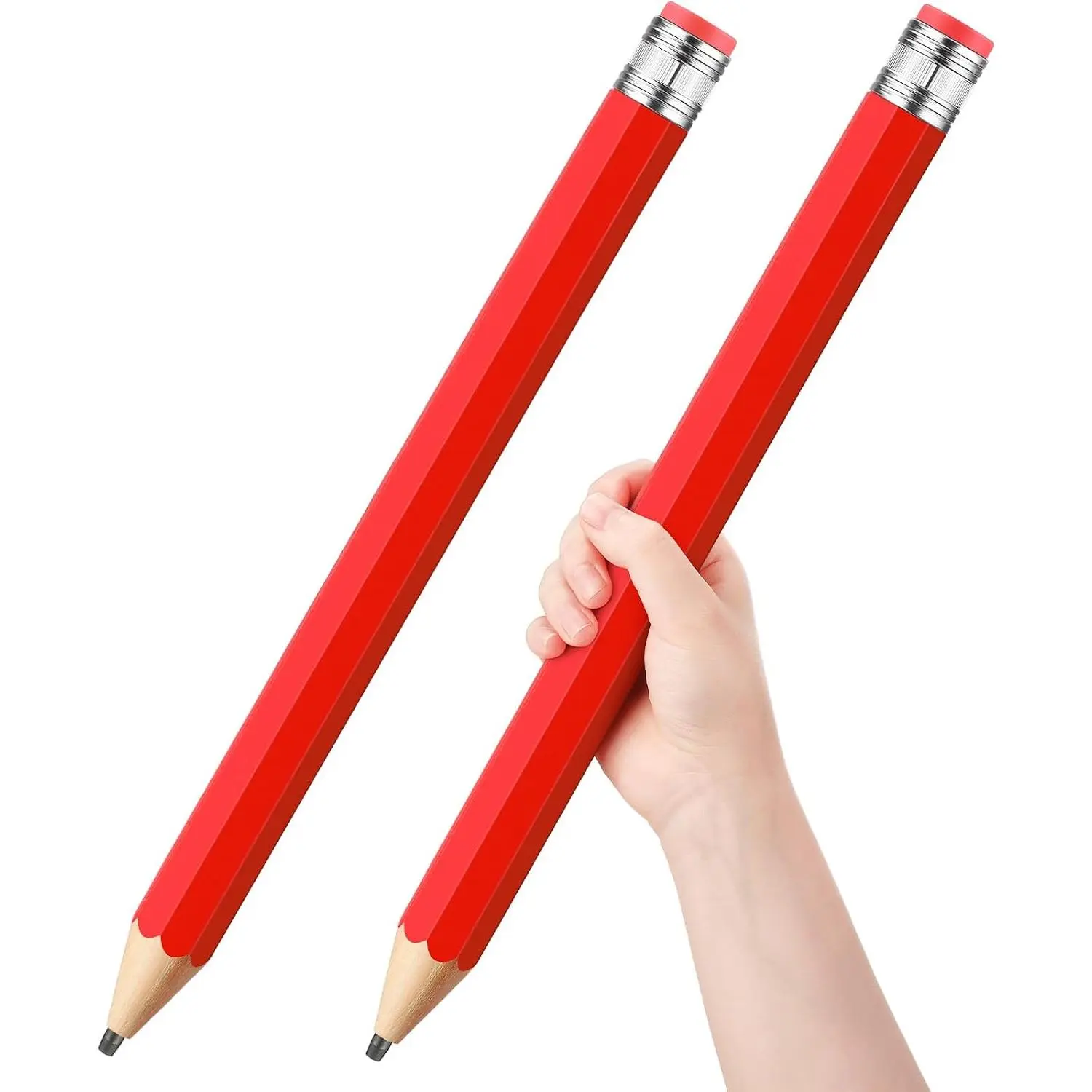 16-Inch Large Size Wooden Body Giant Pencils (2 Count) with Cap Eraser, Prop Decor for Students Age 3+, School/Office Funny Novelty Gifts (Red), Hexagon Shape