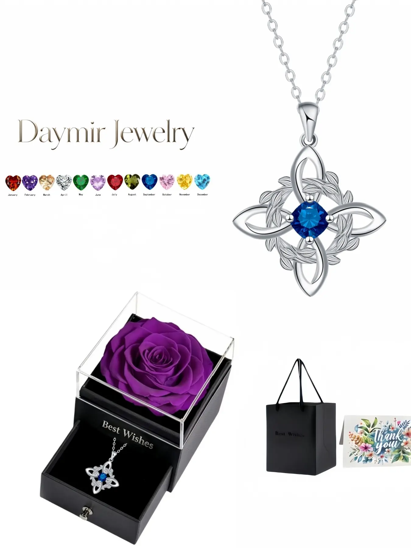 "Eternal Guardian·Leaf Shadow", new cross quadrilateral wreath 12 birthstone necklace with dazzling stones, packed in purple preserved rose jewelry box, perfect gift for birthdays, Mother’s Day, Valentine’s Day and Christmas.