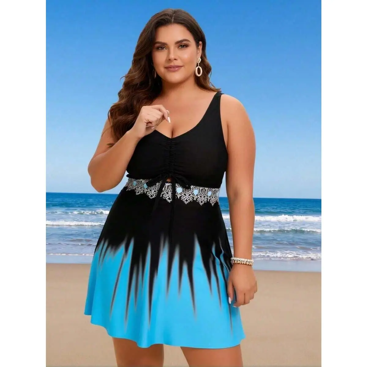 2026 New Plus Size Women's Sexy Fashion Black-Blue Gradient Ruched Lace One-Piece Swimdress For Vacation & Leisure