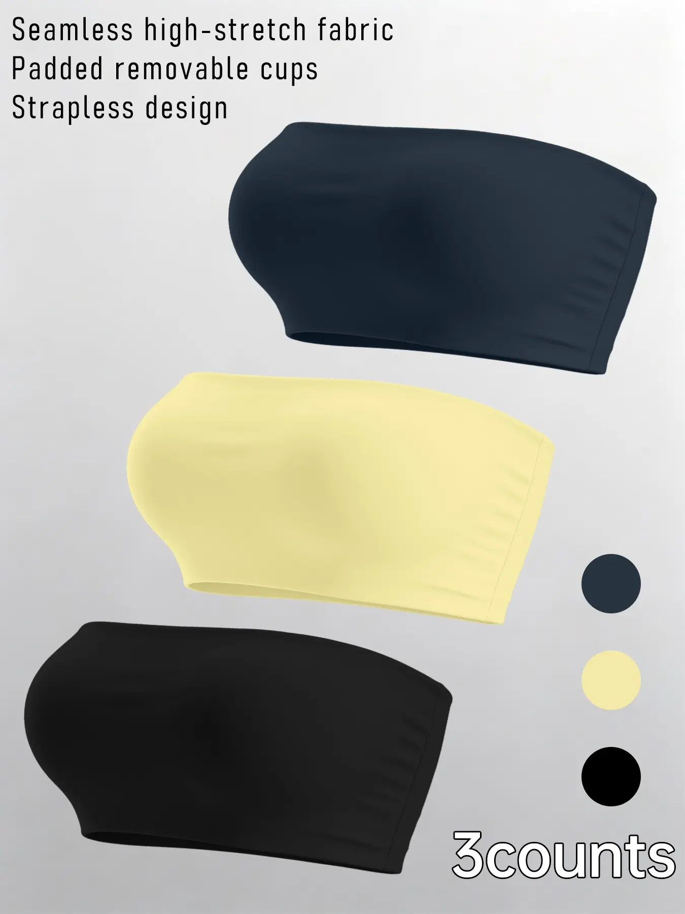 3 Pcs Strapless Bandeau Sports Bra Set, Seamless High Stretch Removable Pads Tube Top Bra, Yoga Fitness Workout Wireless Bralette for Women