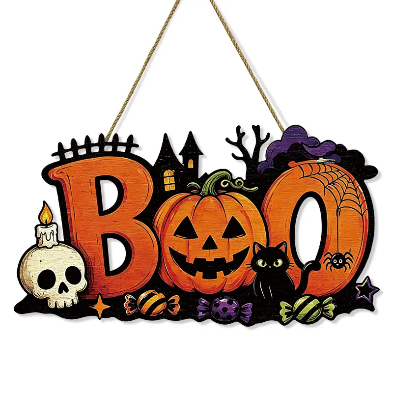 Halloween BOO Wooden Hanging Sign - Cut-Out Wall Plaque with Jack-O-Lantern, Black Cat, Skull, Spider Elements, Hemp Rope Ornament for Wall, Front Door Decor, Halloween Home Party Gift