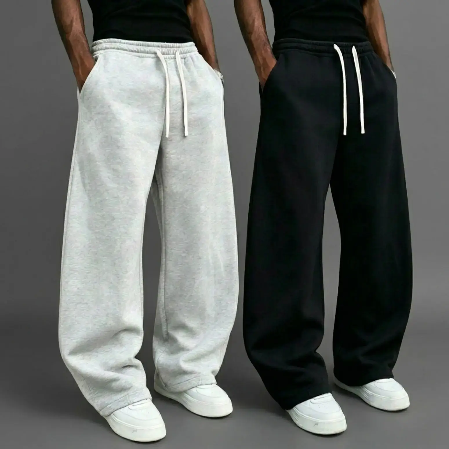 Men’s two-pack athletic pants, beige wide-leg loose fit sweatpants with drawstring waist, ultra-soft men’s apparel suitable for running and fitness, fashionable activewear/clothing, sports casual workout pants, loose jogging pants, 100% polyester, lightwe