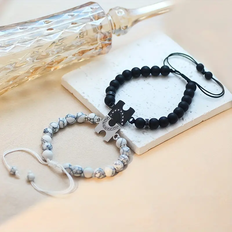 2pcs Couple's Matching Puzzle Heart Bracelets - Interlocking Stainless Steel Love Link Bands with Black & White Beads & Puzzle Piece Charms, Symbolic Anniversary/Christmas Gifts for, Him & Her (Boyfriend/Girlfriend/Husband/Wife)