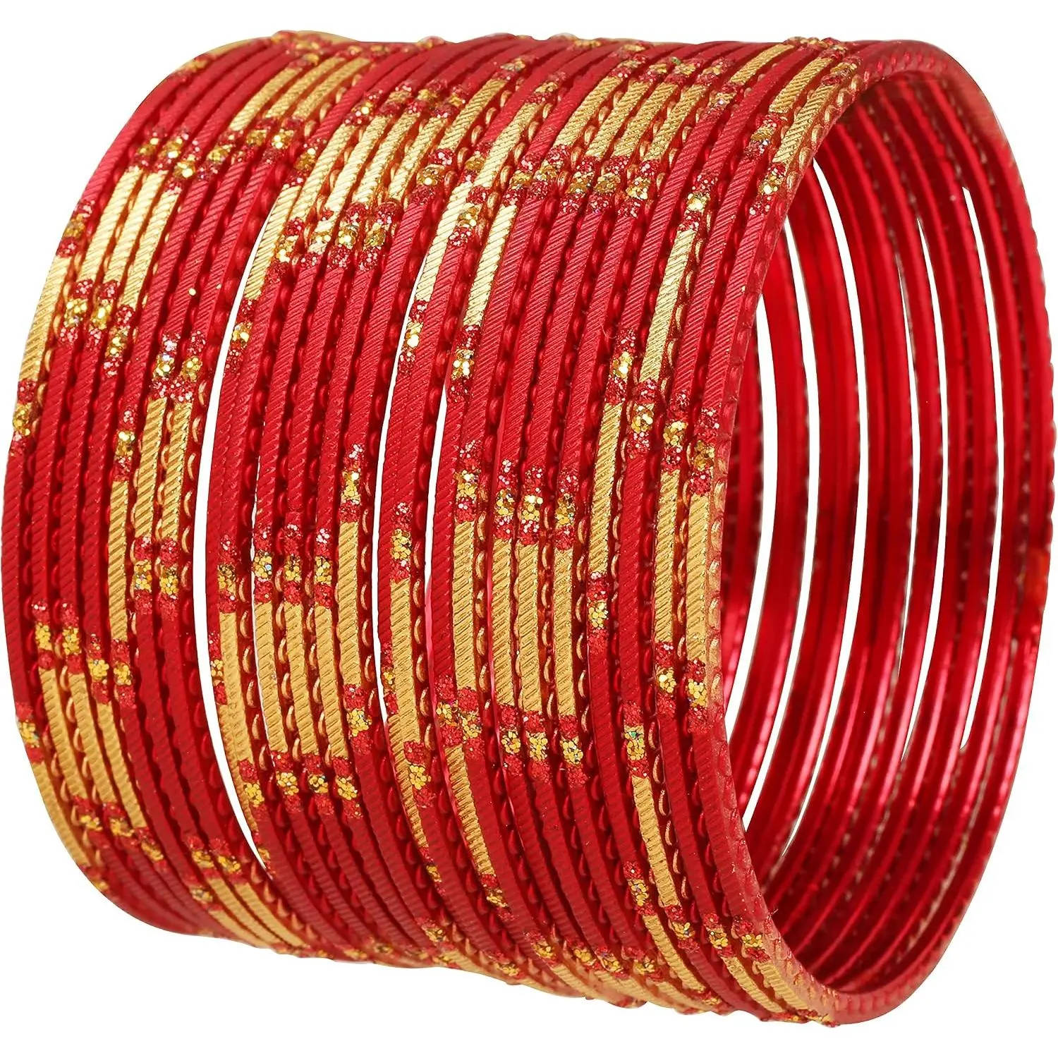 Indian  Bollywood Fashion Handcrafted Enchanting Pastel Hot Red Golden Colors Rhinestone Designer  Bracelets Bangle. Set Of 24. For Women.
