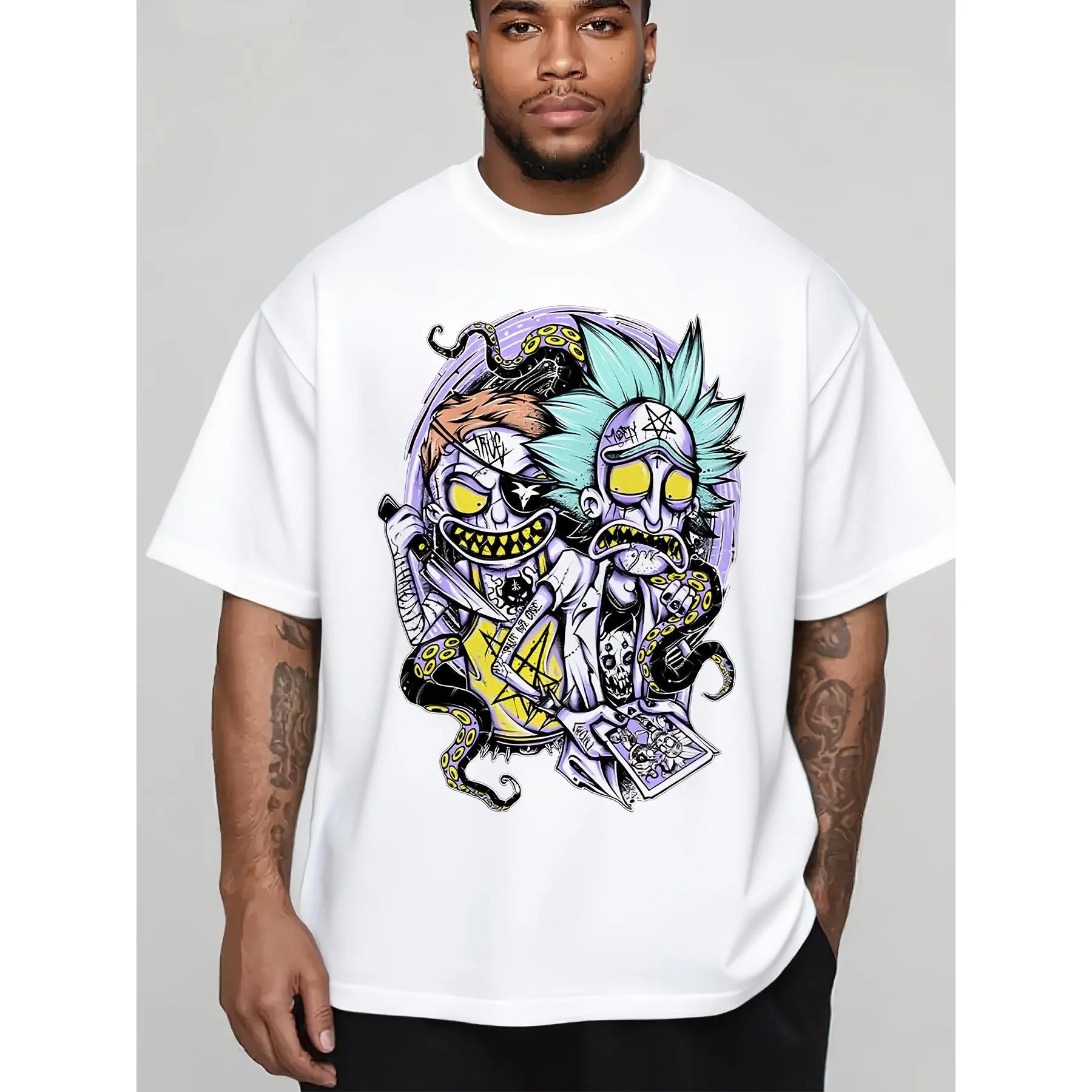 Men's Unisex Oversized Short-Sleeve Casual Graphic T-Shirt - 100% Combed Breathable Garment, Relaxed Fit Novelty Sinister Cartoon Tee for Street Style, Halloween Costumes