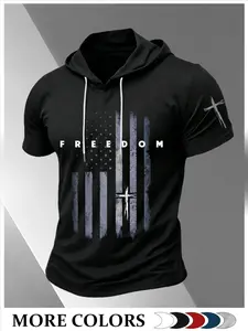 Men Drawstring Hooded Short Sleeve T-Shirt Vertical Distressed Gray USA Flag Freedom Cross Christian Patriotic Graphic Breathable Casual Streetwear Basic Top Multiple Colors