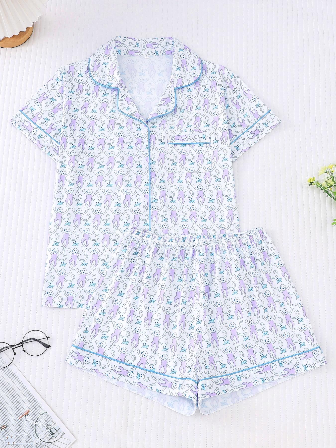 Women's Monkey Print Lapel Neck Button Front Shirt & Elastic Waist Shorts Pyjama Set, Casual Comfy Short Sleeve Pocket Top & Shorts PJ Set, Ladies Sleepwear Loungewear for All Seasons