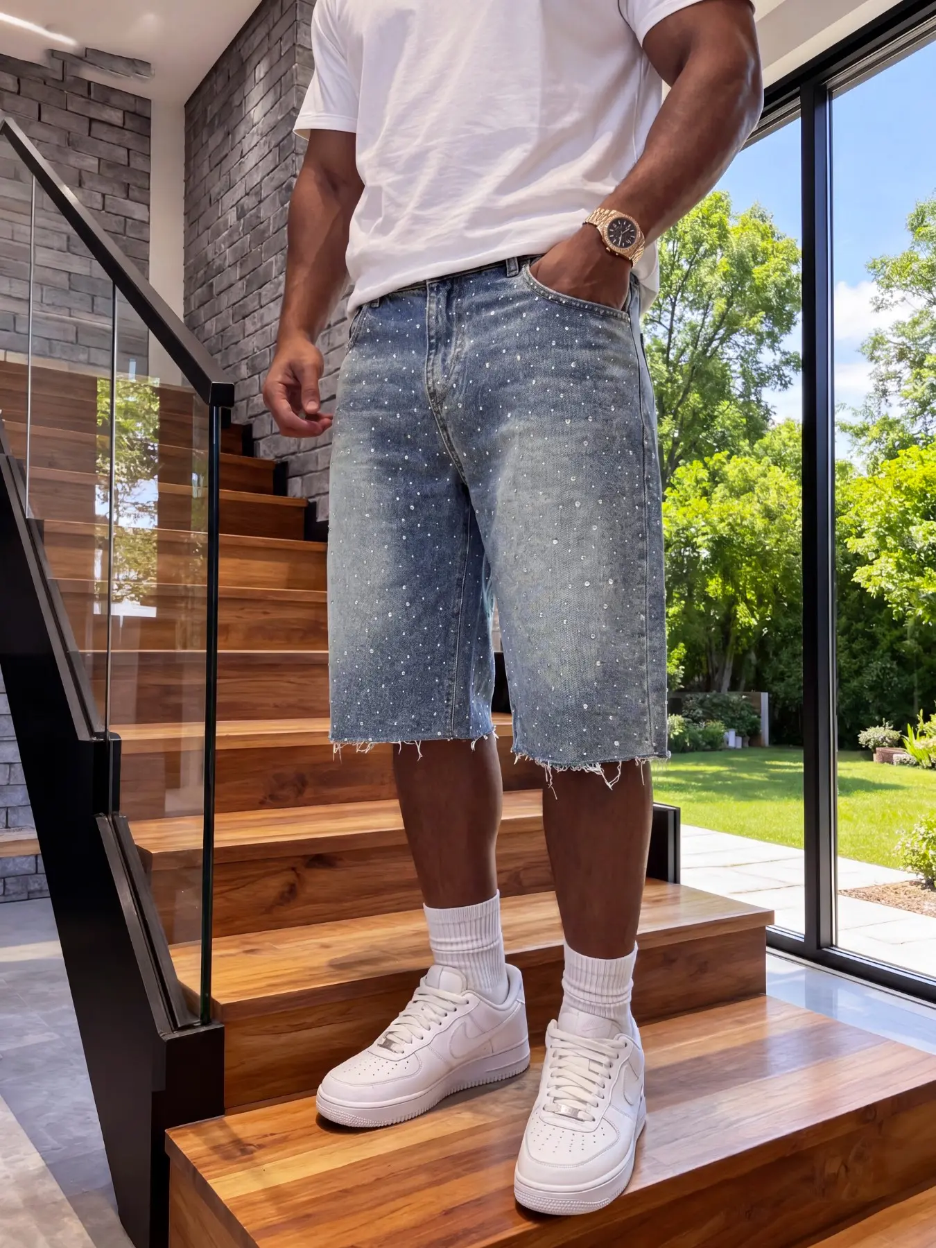 Men's Light Wash Rhinestone Decorated Plain Denim Jean Shorts, Loose Raw Hem Streetwear Bermuda Shorts, Sparkling Y2K Casual Summer Denim Shorts, Denim Look, Menswear