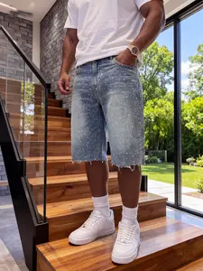 Men's Light Wash Rhinestone Decorated Denim Shorts, Loose Raw Hem Streetwear Bermuda Shorts, Sparkling Y2K Casual Summer Denim Shorts, Menswear