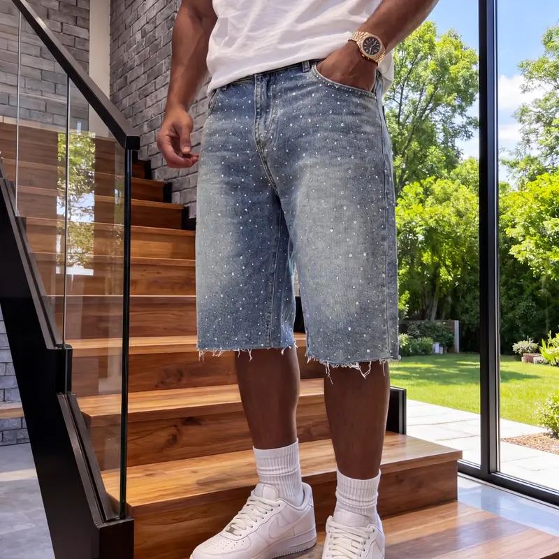 Men's Light Wash Rhinestone Decorated Plain Denim Jean Shorts, Loose Raw Hem Streetwear Bermuda Shorts, Sparkling Y2K Casual Summer Denim Shorts, Denim Look, Menswear
