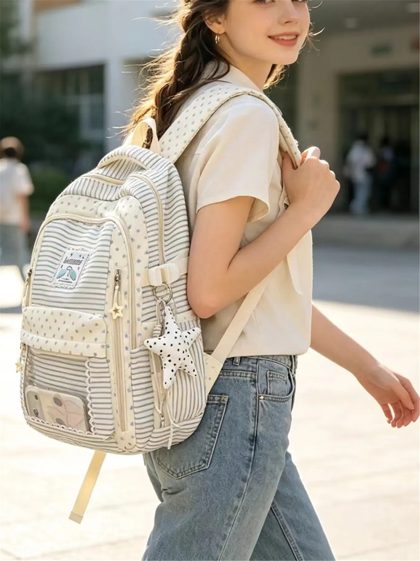 Girls' Sweet Striped Star Backpack with Polka Dot Pendant and Lace Details, Large Capacity Student Commuter Bag, College Backpack, Lightweight Everyday Backpack, Kawaii Backpack