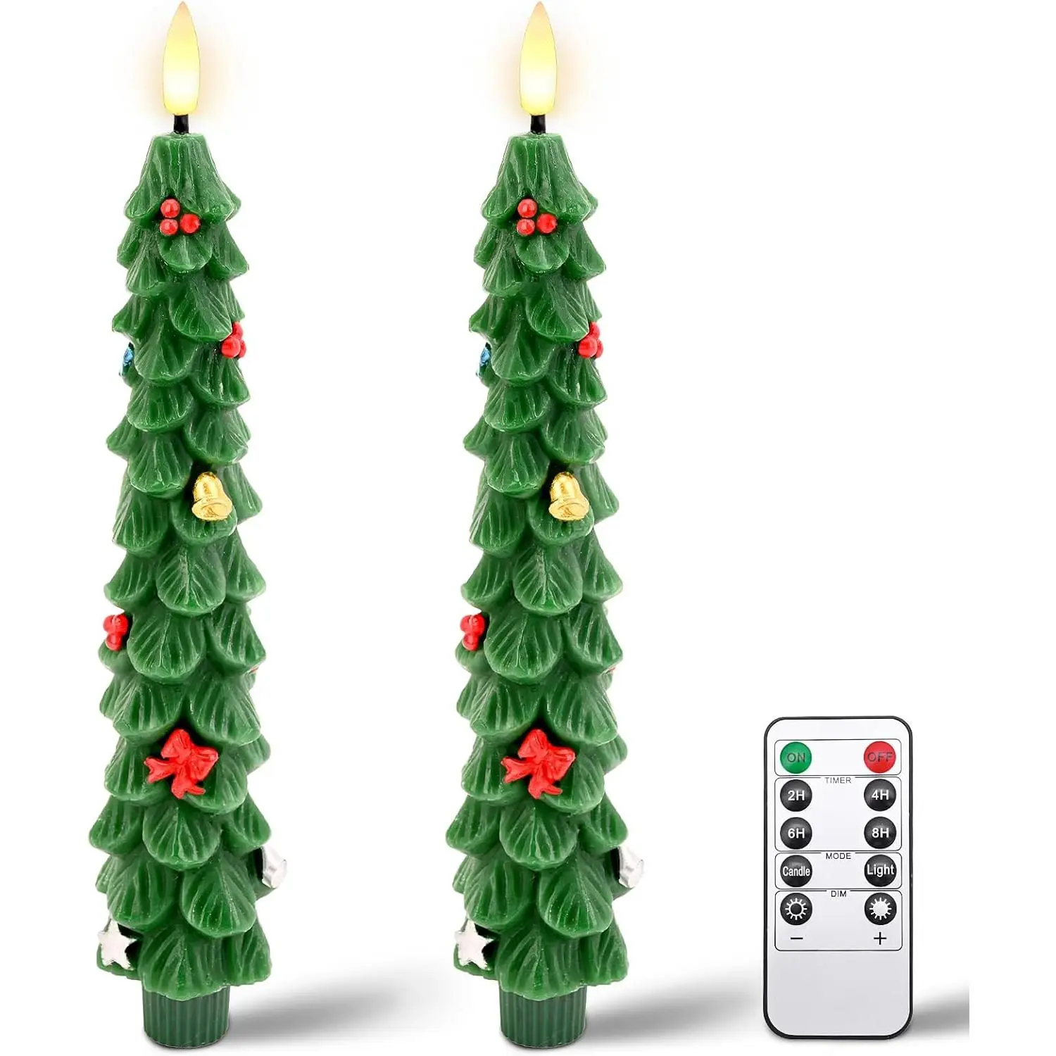 Christmas Tree Flameless Candles: 2 count LED Taper Christmas Candles  Operated - Green Flickering Taper Candlesticks Lights for Windowsills Fireplaces and Dining Tables (Green)