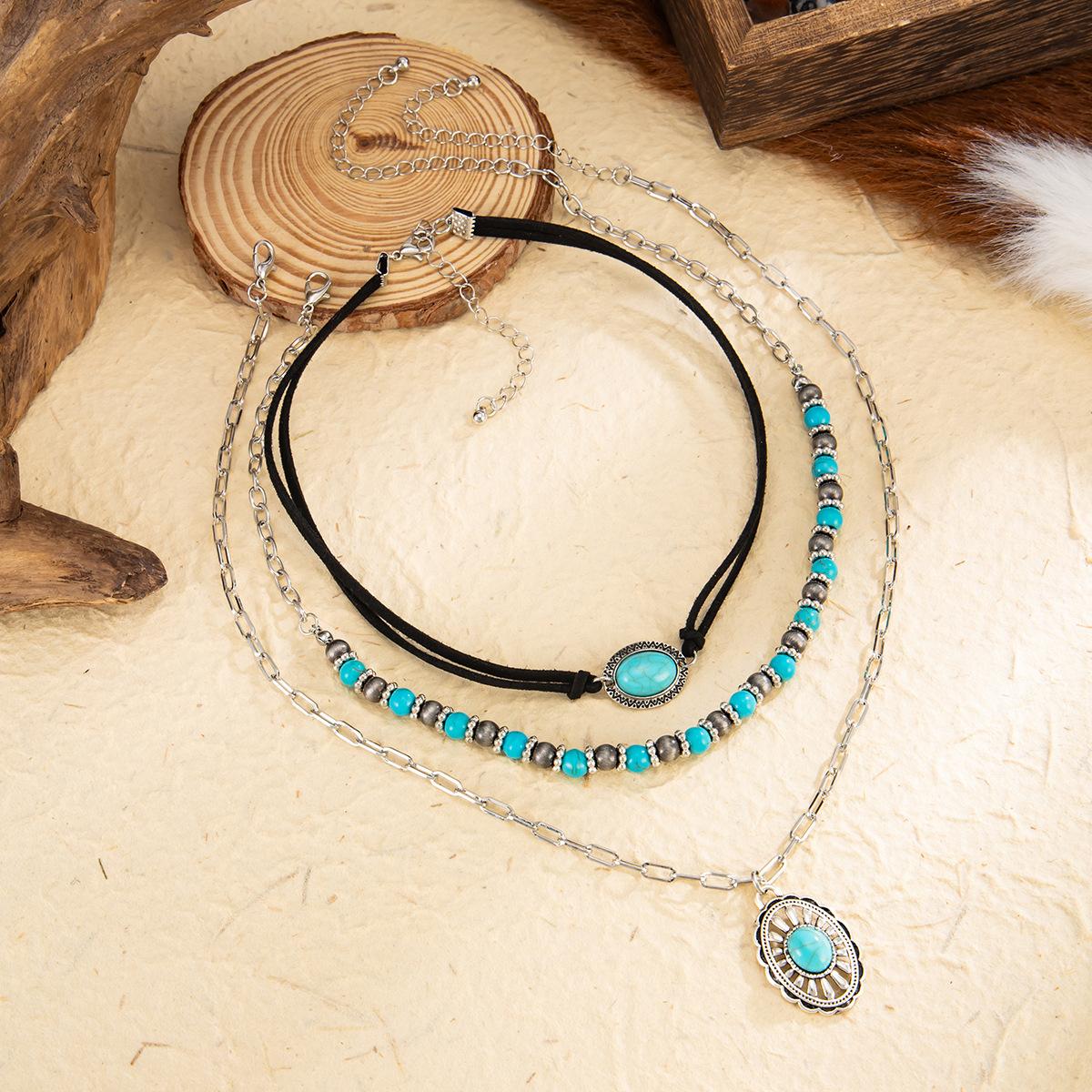 Western Necklaces Boho Turquoise Cross Necklace Set Navajo Pearl Beaded Layered Choker Cowgirl Christian Western Jewelry for Women