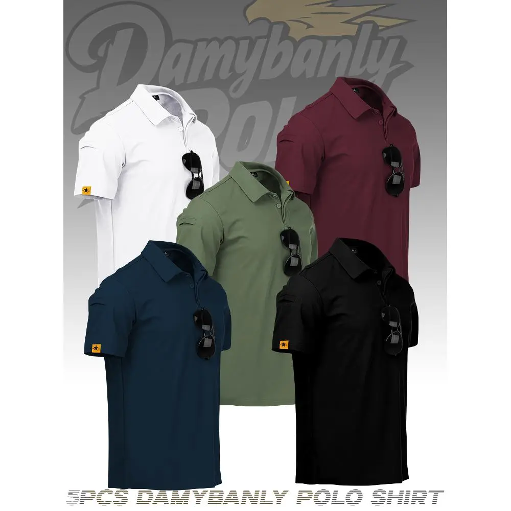 Damybanly Men's 5-Pack Solid Stretch Polo Shirts - Casual Buttoned Short-Sleeve Tops with Cartoon, Herringbone Details, Elastane Fabric, Fitted, Preppy Fashion Inspo, Graphic Sporty Chic, Smart Casual for Golf, Evening Daily Wear, Figure