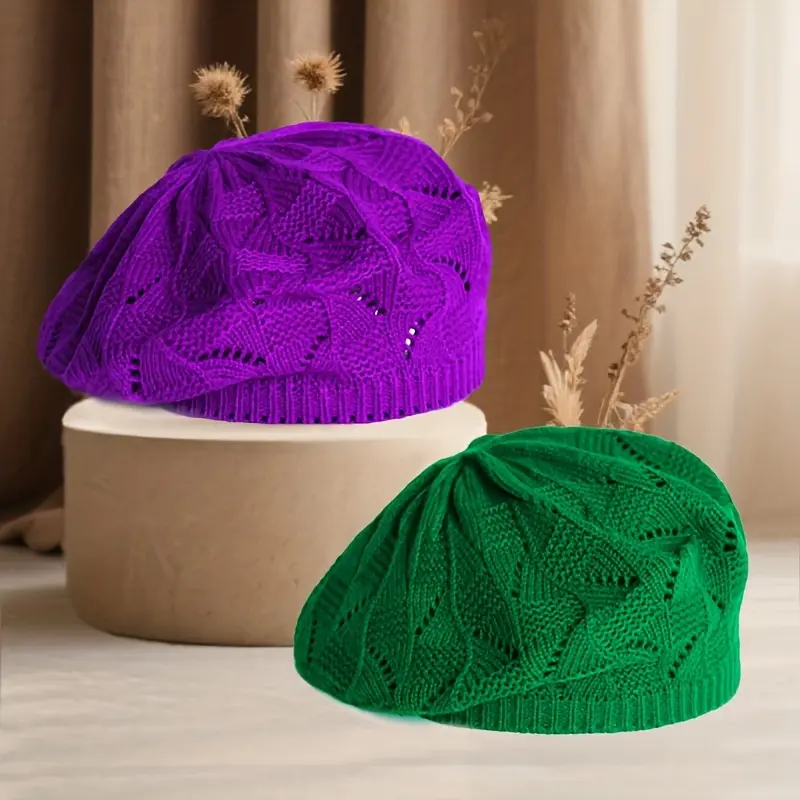 Women's 2-Pack Acrylic Knit Berets, Casual Solid Color Lightweight Inelasticity Hats for Sports & Outdoor All-Season Wear, All Seasons, Female, Plain, Outdoor Hats, Solid Colors
