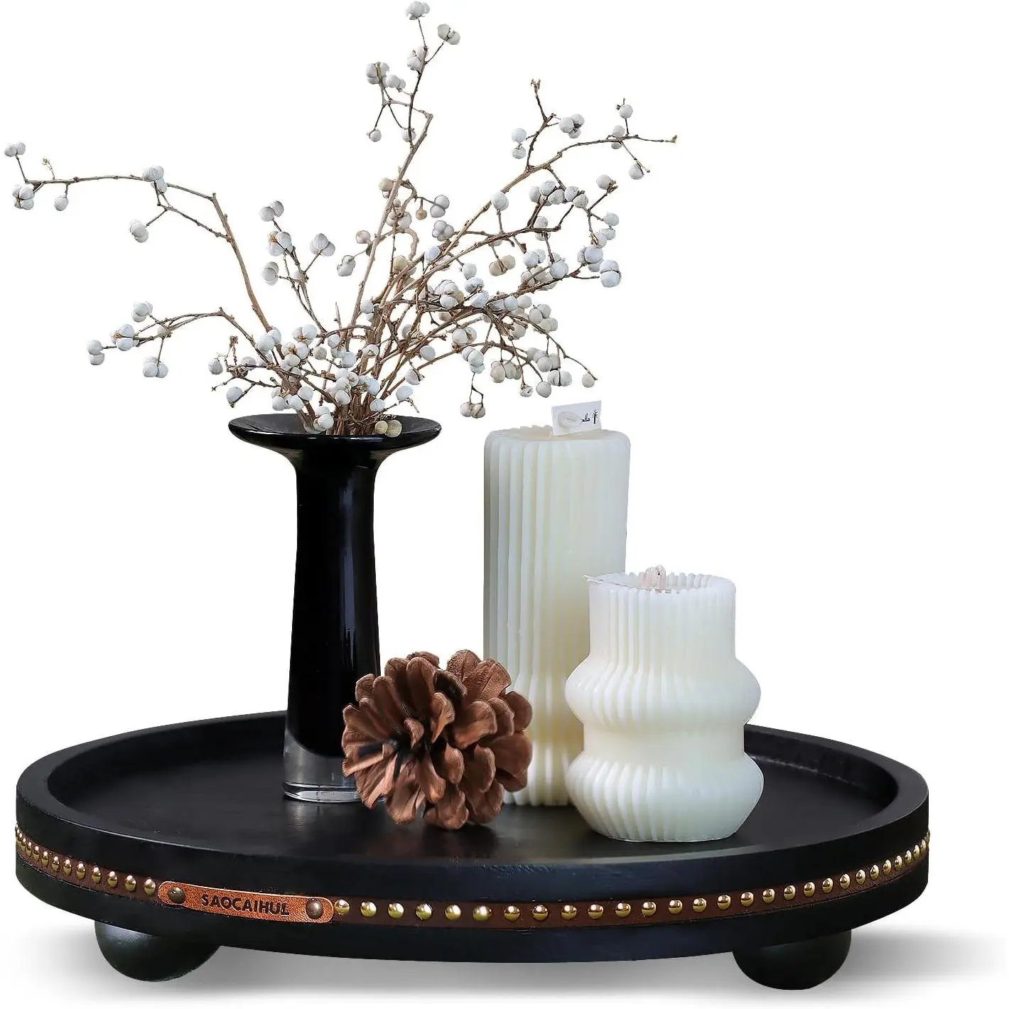 Black Farmhouse Decorative Round Tray - 11.81 in Lightweight Wood Pulp Fiber Tray, Coffee Table Centerpiece for Living Room, Home & Bathroom Decor Accent