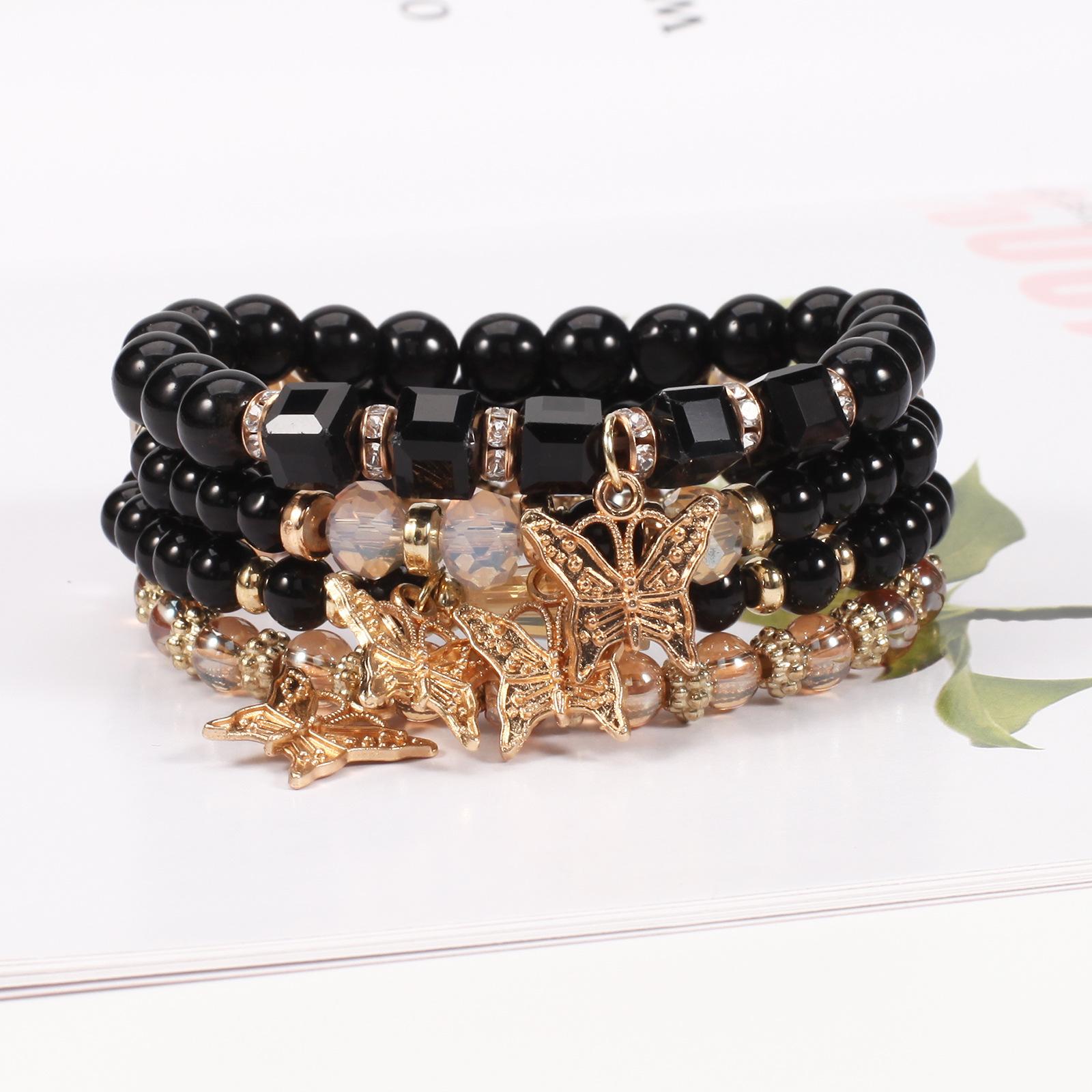 Bohemian Multi-Layer Butterfly Hoisting Bracelet Handmade Beaded 4 Pieces Set Artificial Crystal Glass Diamond Bracelet Daily Wear Unisex Fashion Jewelry