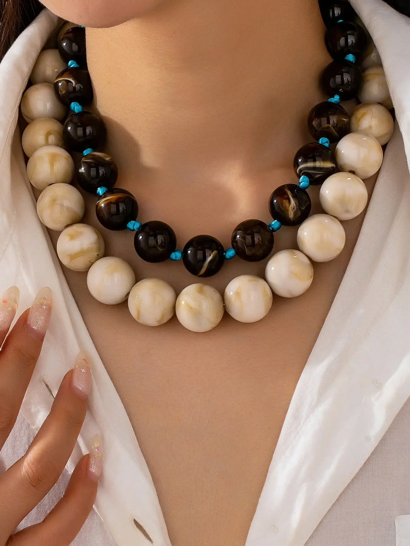 2PCS Brown & Cream Chunky Beaded Statement Accessory Necklace for Women - Marbled Acrylic Double Strand Resin Ball Beads Choker with Turquoise Accents, Bold Earth Tone Neutral Fashion Jewelry