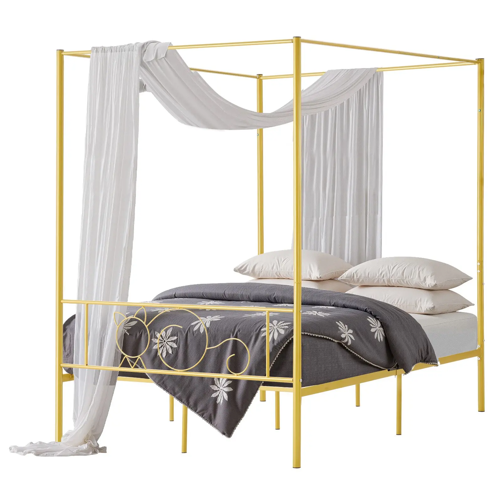 【Summerfinds】VEVOR Durable Full Size Metal 4-Post Canopy Bed Frame, Minimalist Headboard, Silent 700 kg Heavy Duty Steel Slats Support, 78.1 x 54.7 x 77.4 in, Under-Bed Storage, No Box Spring Needed, Easy Assembly Required, Gold, Storage Bed