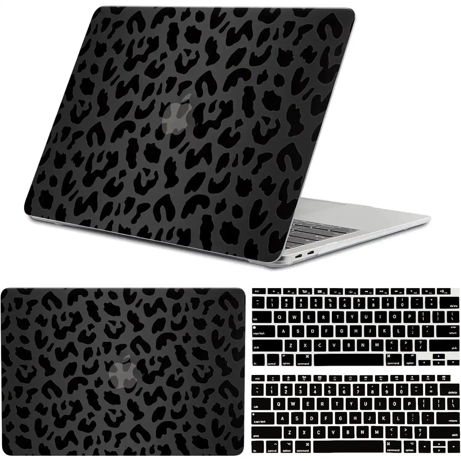 13 in Black Leopard Print Plastic Shell Laptop Case for MacBook Air (2020 M1 A2337, 2019 A2179, 2018 A1932) with Touch ID, 2 Keyboard Covers, Full Port Access, No-Cut Design, Transparent Drop Proof Cover, Ventilated Holes, Computer Accessories