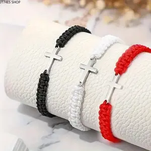 Red Black White Stainless Steel Woven Cross Bracelet, Adjustable Couple Matching Wrist Jewelry