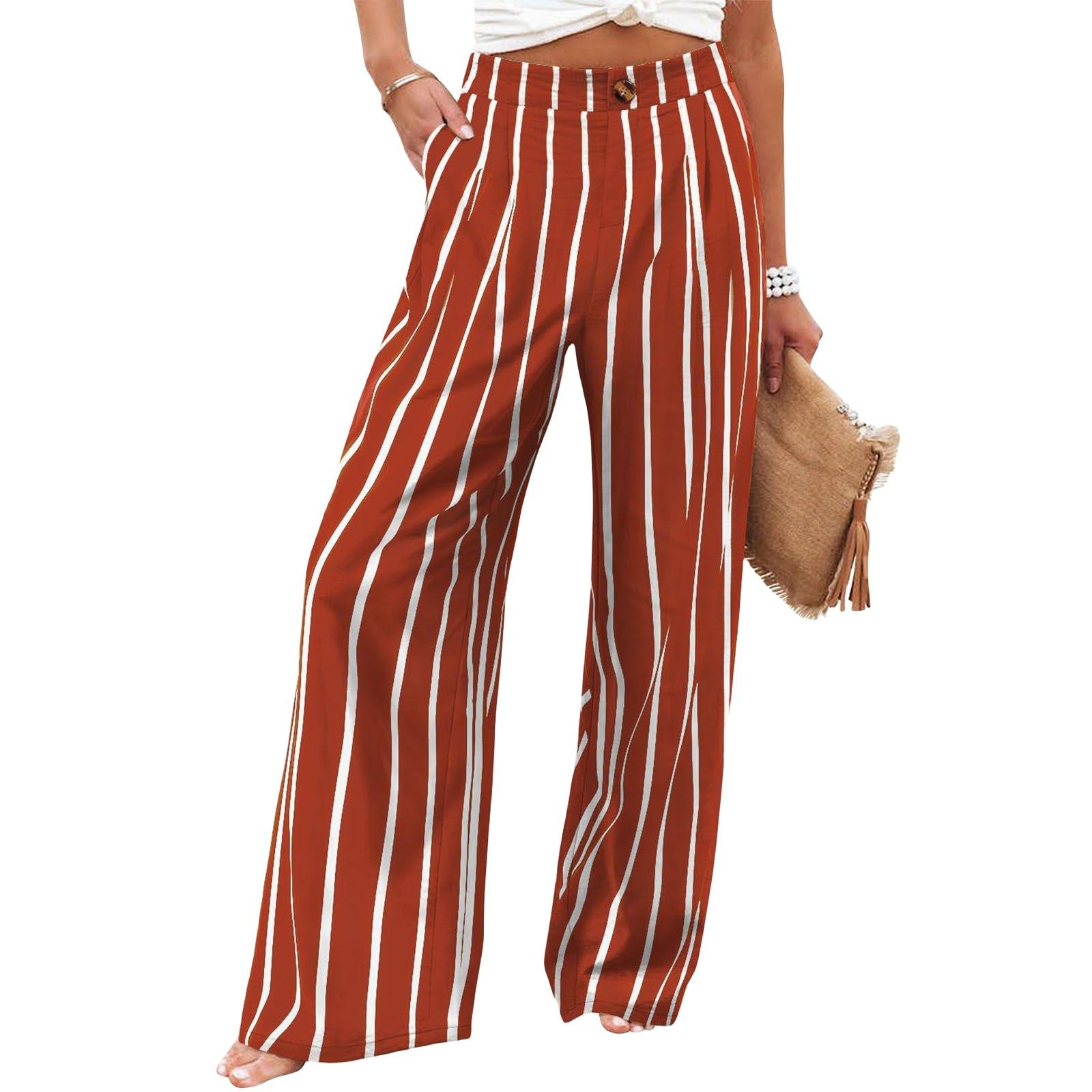 Women's Commuting and Vacation Summer Comfortable High-Waisted Long Pants with Buttons, Elastic Waist, Wide-Leg Casual Straight Pants