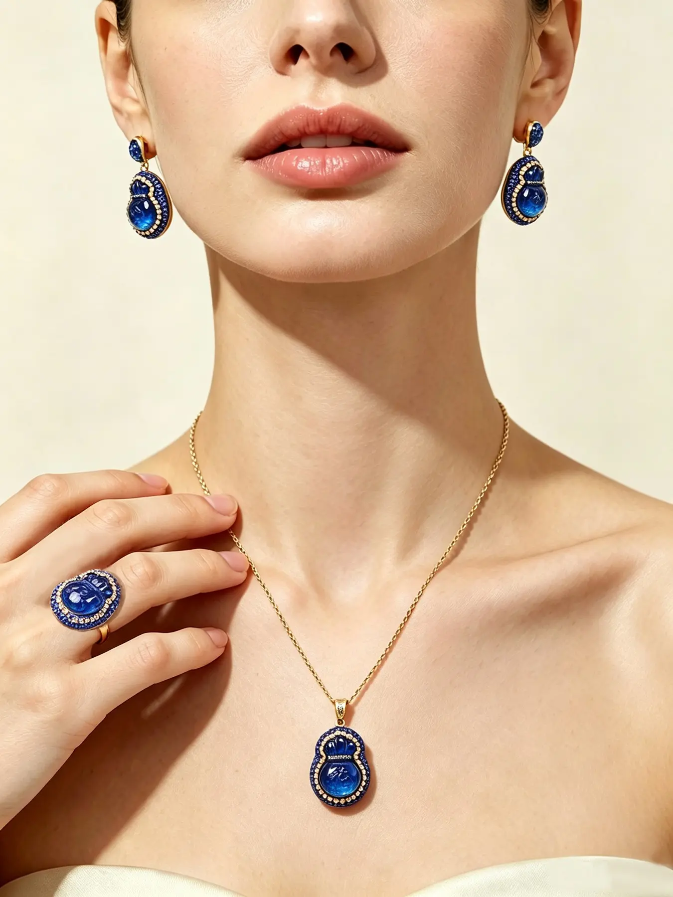 Chinese Sapphire Blue Liuli Glass Lucky Bag Jewelry Set 3-Piece Gift Box, Elegant All over Print Design, Alloy Material, Perfect for Any Season, Charming Accessory Collection