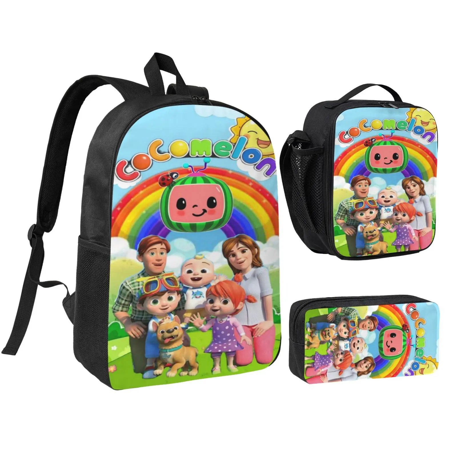 Anime Cocomelon1 backpack with lunch bag pencil box for Teen Girls Boys, 3pcs kids school bag with adjustable straps, office travel bag Bookbag lunchbox