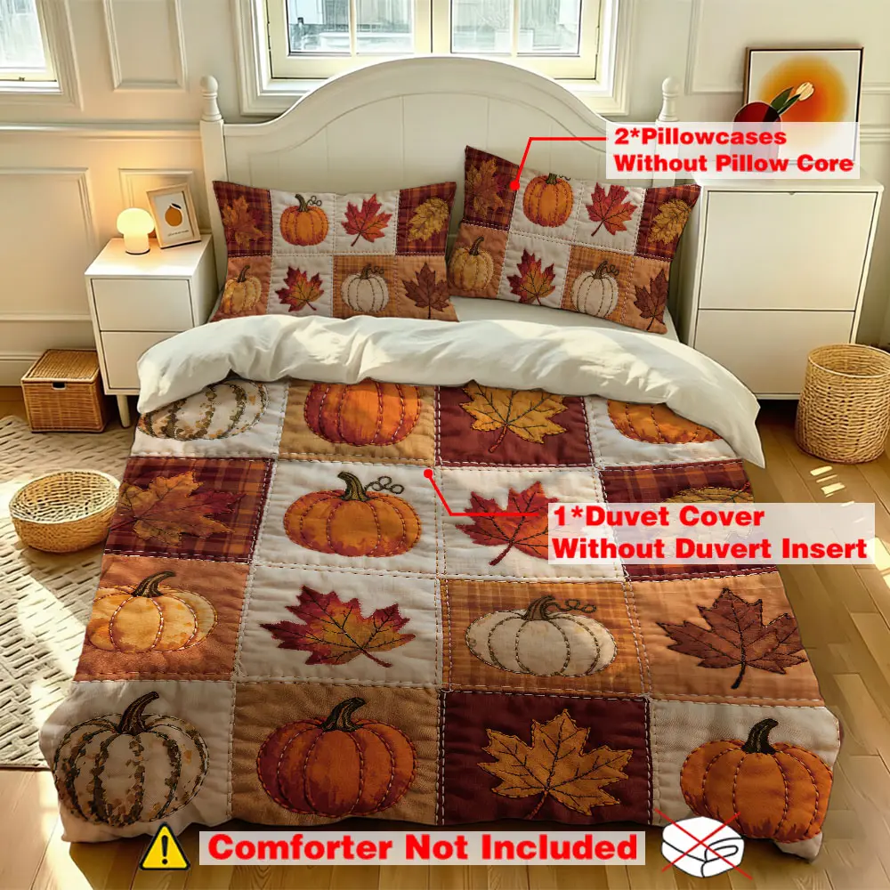 A three-piece set (1 duvet cover + 2 pillowcases, without a filling) featuring a pumpkin and maple leaf patchwork design. This soft and comfortable bedding set is suitable for use in all rooms and throughout the year. It's perfect for room decorati