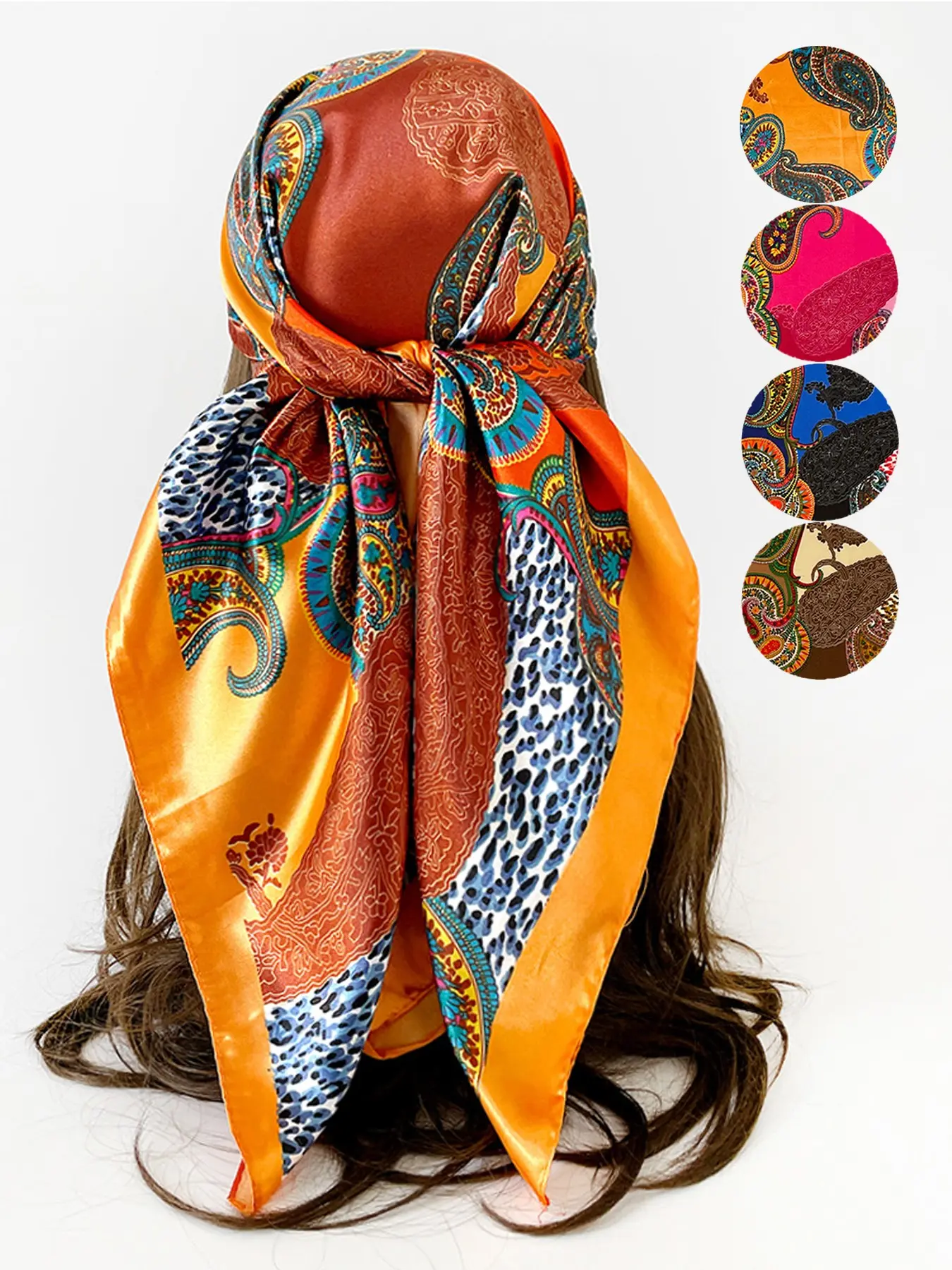 4 Colors 90cm Silk-Like Satin Square Scarf, Paisley & Leopard Print, Boho Style, Fitted, All Seasons, Luxury Headscarf