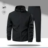 Men's Plain 2-Piece Hoodie and Pants Matching Sweatsuit Set Outfit - Adjustable Hood Sweatshirt, Easy-Zip Top, Elastic Waist Pants, All-Black Polyester Streetwear, Cool Gift for Guys,sohochic