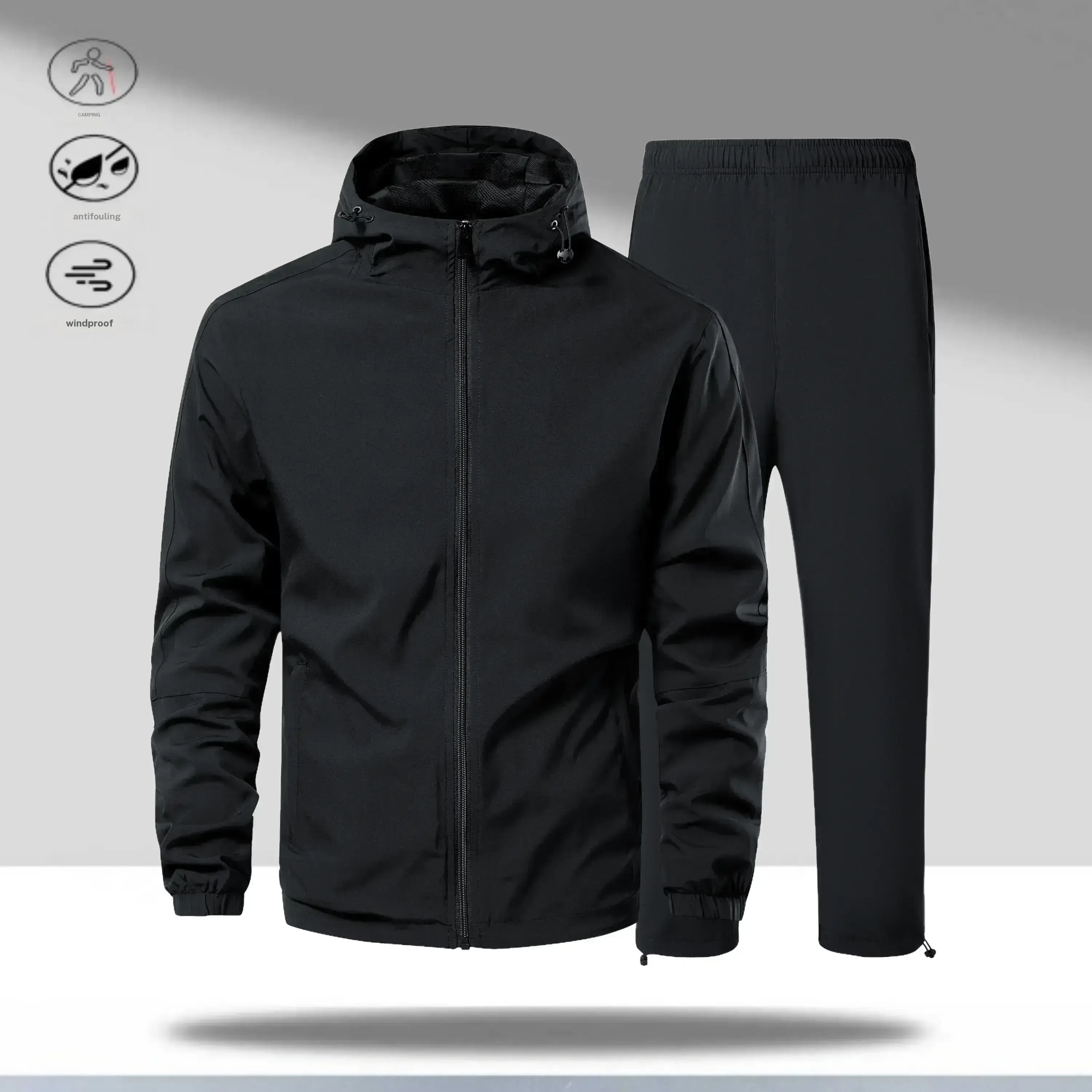 Men's 2 Piece Hooded Tracksuit Set Mens Clothing, Men's Wear, Adjustable Hood Zip Top, Elastic Waist Pants, All Black Streetwear Drip Outfits, Father’s Day Gift Sweatsuit Set,father'sdaygifts