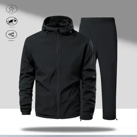Men's Plain 2-Piece Hoodie and Pants Matching Sweatsuit Set Outfit - Adjustable Hood Sweatshirt, Easy-Zip Top, Elastic Waist Pants, All-Black Polyester Streetwear, Cool Gift for Guys,sohochic
