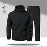 Men's Plain 2-Piece Hoodie and Pants Matching Sweatsuit Set Outfit - Adjustable Hood Sweatshirt, Easy-Zip Top, Elastic Waist Pants, All-Black Polyester Streetwear, Cool Gift for Guys,sohochic