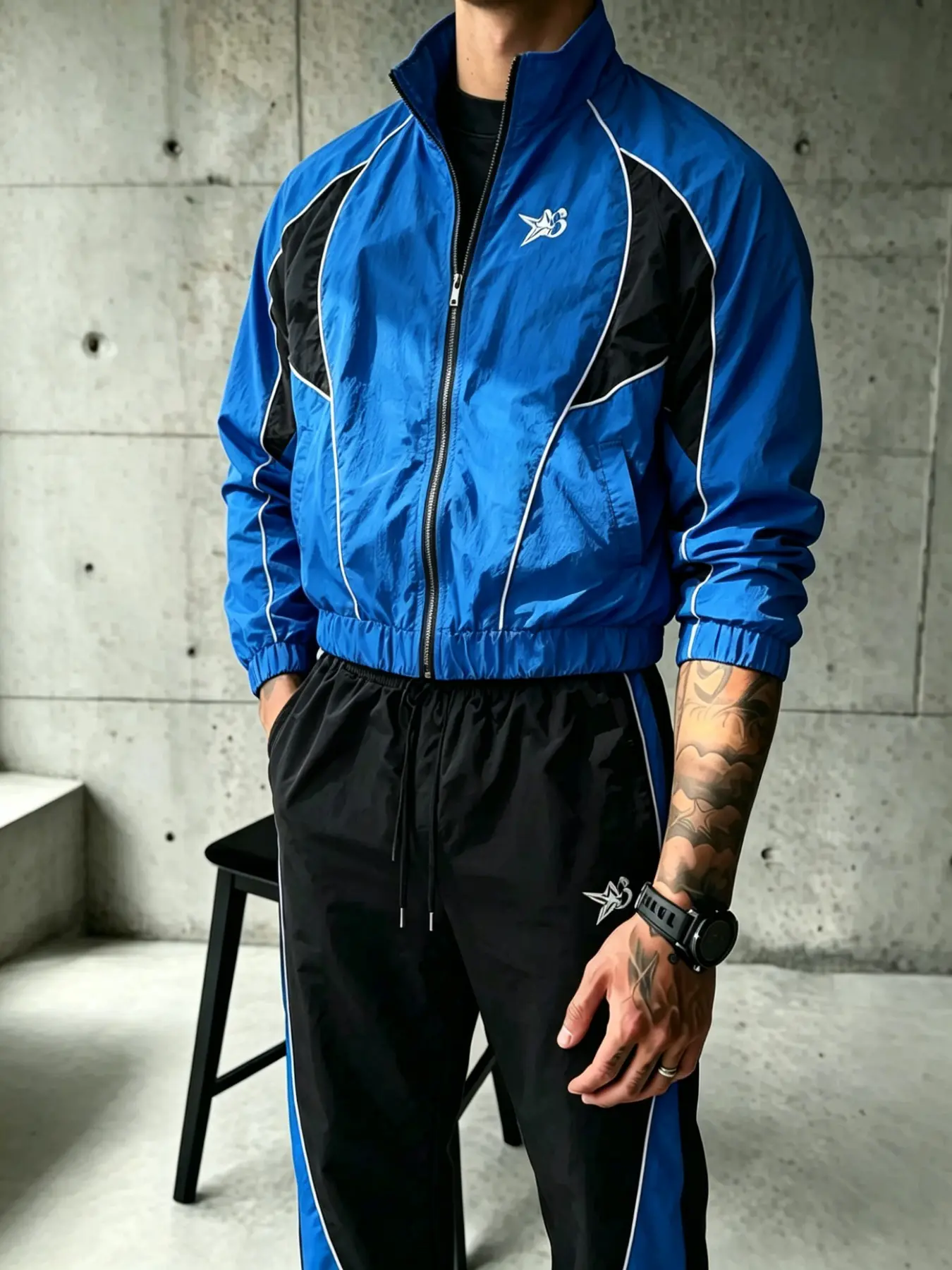 Unisex Blue Black Colorblock Line Detail Stand Collar Windbreaker Jacket + Drawstring Straight Pants 2Pcs Coordinated Track Suit with Matching Star Logo American Vintage Sportswear Colorblock Tracksuit Set