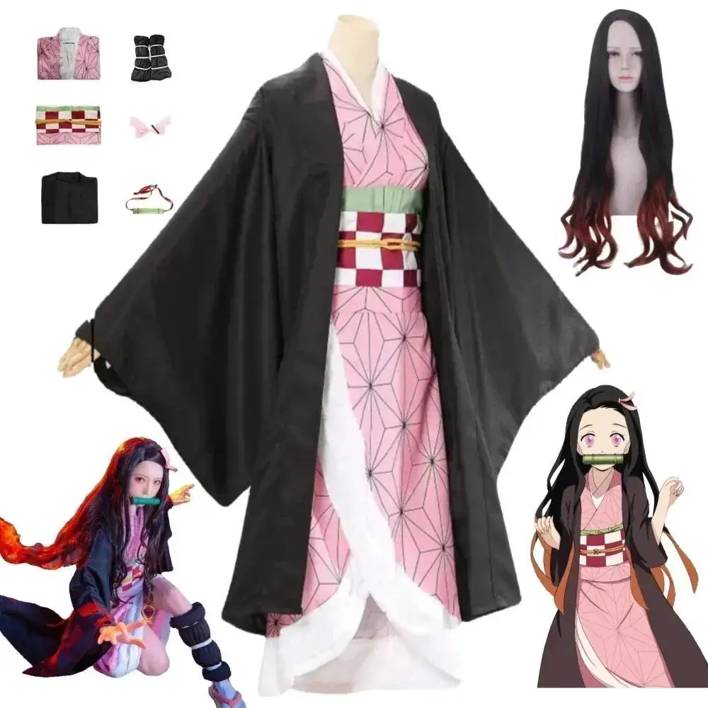 Women's Kamado Nezuko Anime Cotton Uniform Suit - Long-Sleeve Full-Length Cosplay Kimono Set with Wig, Halloween Outfits, Family Matching Set (Kids Sizes Available), Accessories