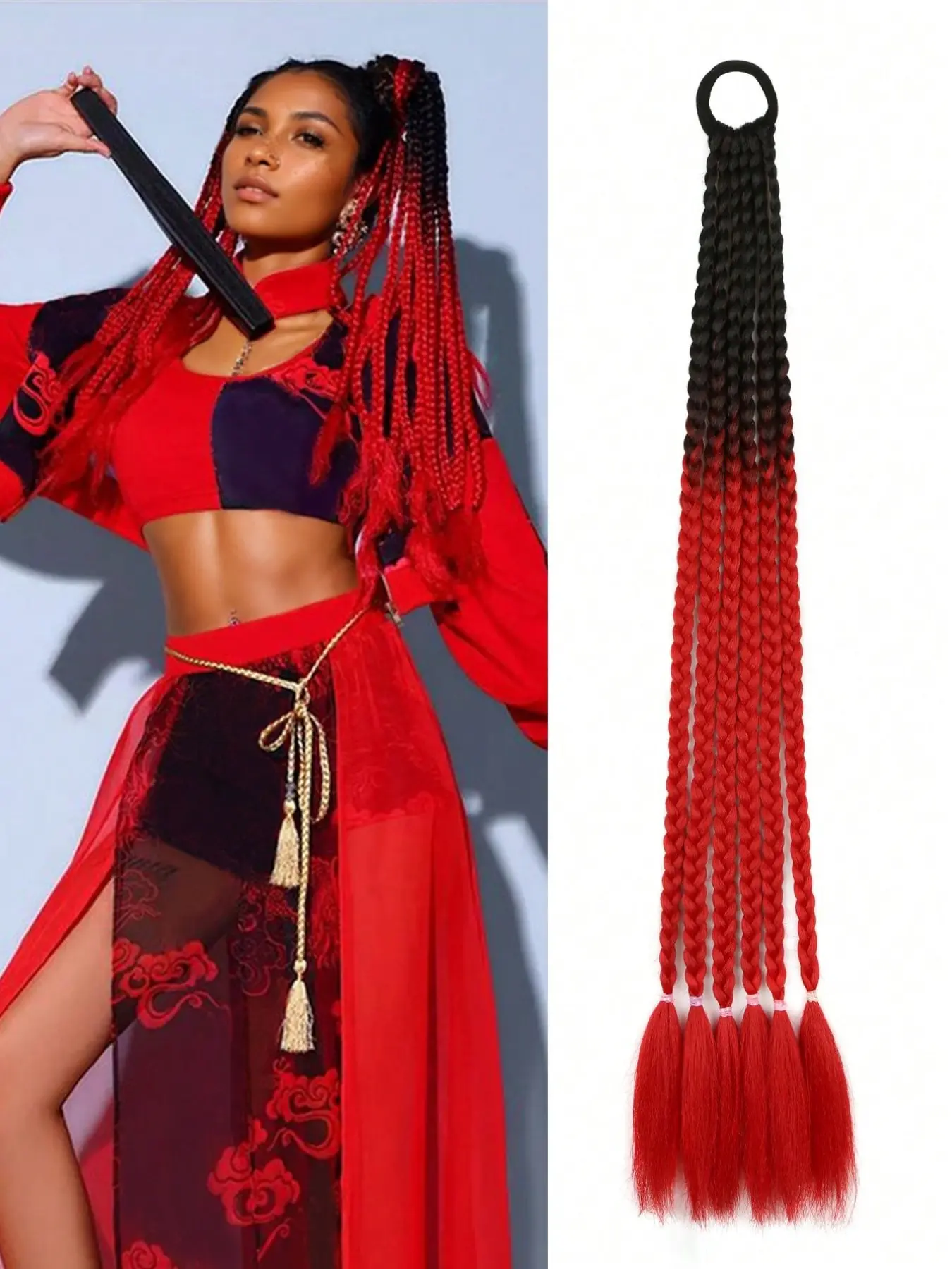 Red and Black Gradient 1-Pack Multi-Strand Braided Ponytail Hair Extension, 24-Inch Synthetic Fiber Braided Ponytail Hair for Women & Kids. Trendy Boxer Braids, Boho Box Braids for Daily Wear, Y2K, Parties, Carnivals, and Children's Day.