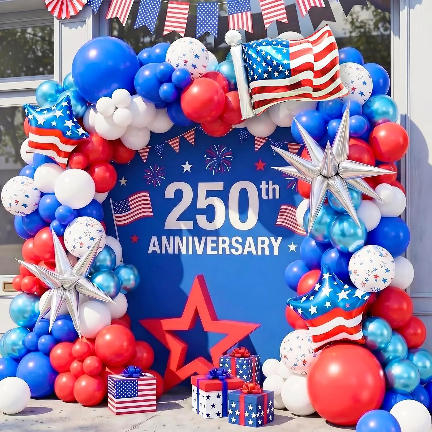 4th of July Balloon Arch Kit, 146pcs Red White and Blue Balloons with Star Print & USA Flag Foil Balloons for USA 250th Anniversary Decorations 2026 Patriotic Memorial Day Independence Day Party Deco